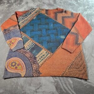 YESNO Women's Large Geometric Patchwork Sweater Wool Blend Knit Grannycore Artsy